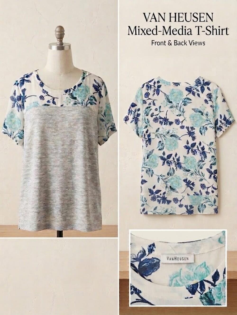 Van Heusen White Short-Sleeve Tee with Teal & Navy Floral Panels